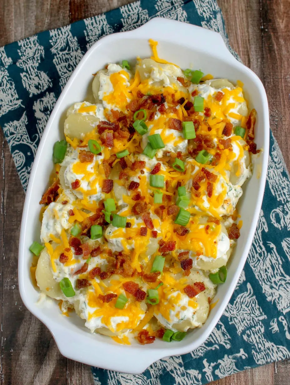 A white bowl filled with cheddar bacon ranch pierogi bake.