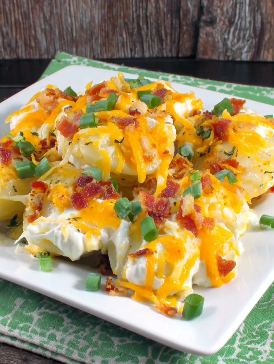 A plate of bacon and cheese covered potatoes.