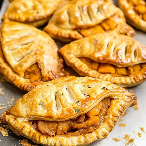 Golden pastries shaped like pumpkins, filled with spiced filling, sitting on a tray.